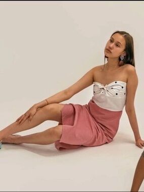 Ajaie alaie pink polka dots cotton linen strapless dress